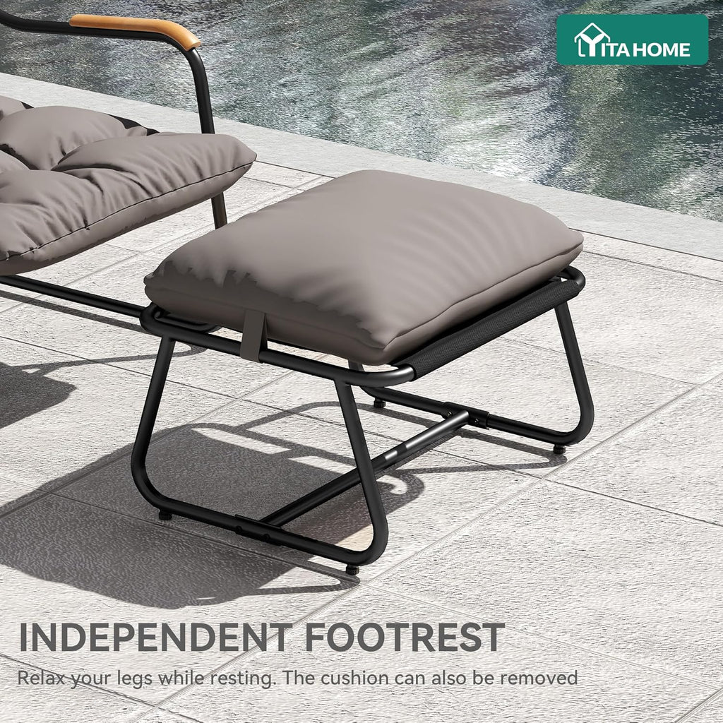 YITAHOME Patio Lounge Chair with Ottoman, Oversized Papasan Chair with Soft Cushion, Indoor/Outdoor Textilene Lounge with Teak Wood Handrail and Footstool for Living Room, Porch, Backyard or Garden