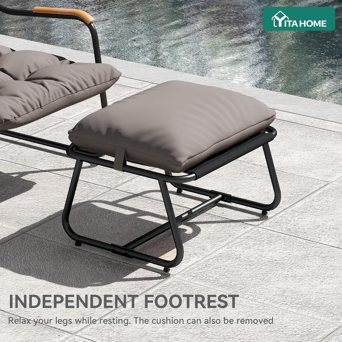 YITAHOME Patio Lounge Chair with Ottoman, Oversized Papasan Chair with Soft Cushion, Indoor/Outdoor Textilene Lounge with Teak Wood Handrail and Footstool for Living Room, Porch, Backyard or Garden