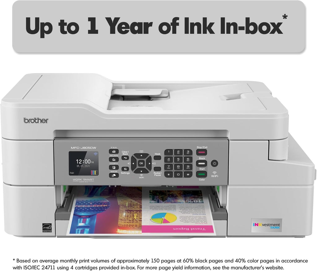 Brother MFC-J805DW INKvestmentTank Color Inkjet All-in-One Printer with Mobile Device and Duplex Printing with Up to 1-Year of Ink in-Box, White, One Size, Amazon Dash Replenishment Ready
