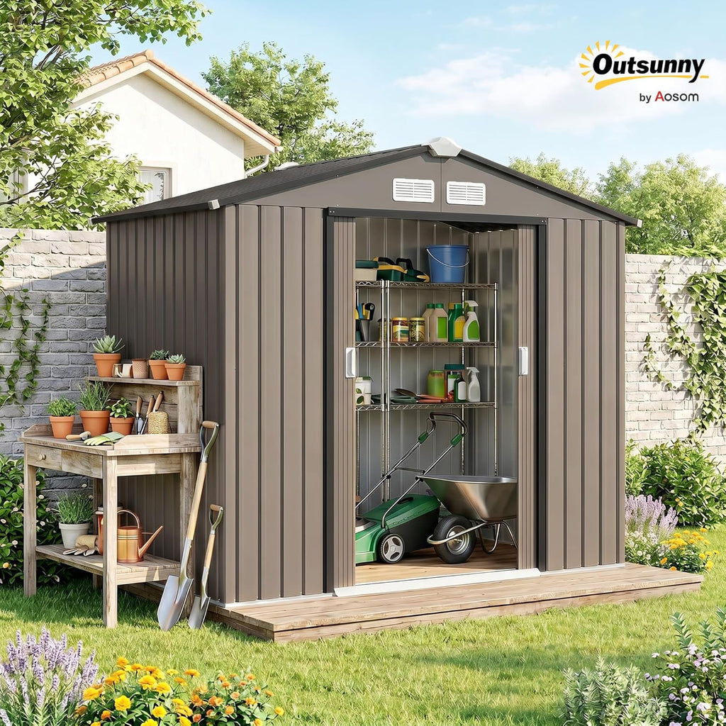 Outsunny 7' x 4' Outdoor Storage Shed, Garden Tool Metal Shed with Foundation Kit, Double Lockable Door, Air Vents and Sloping Roof, for Backyard, Patio, Lawn, Brown
