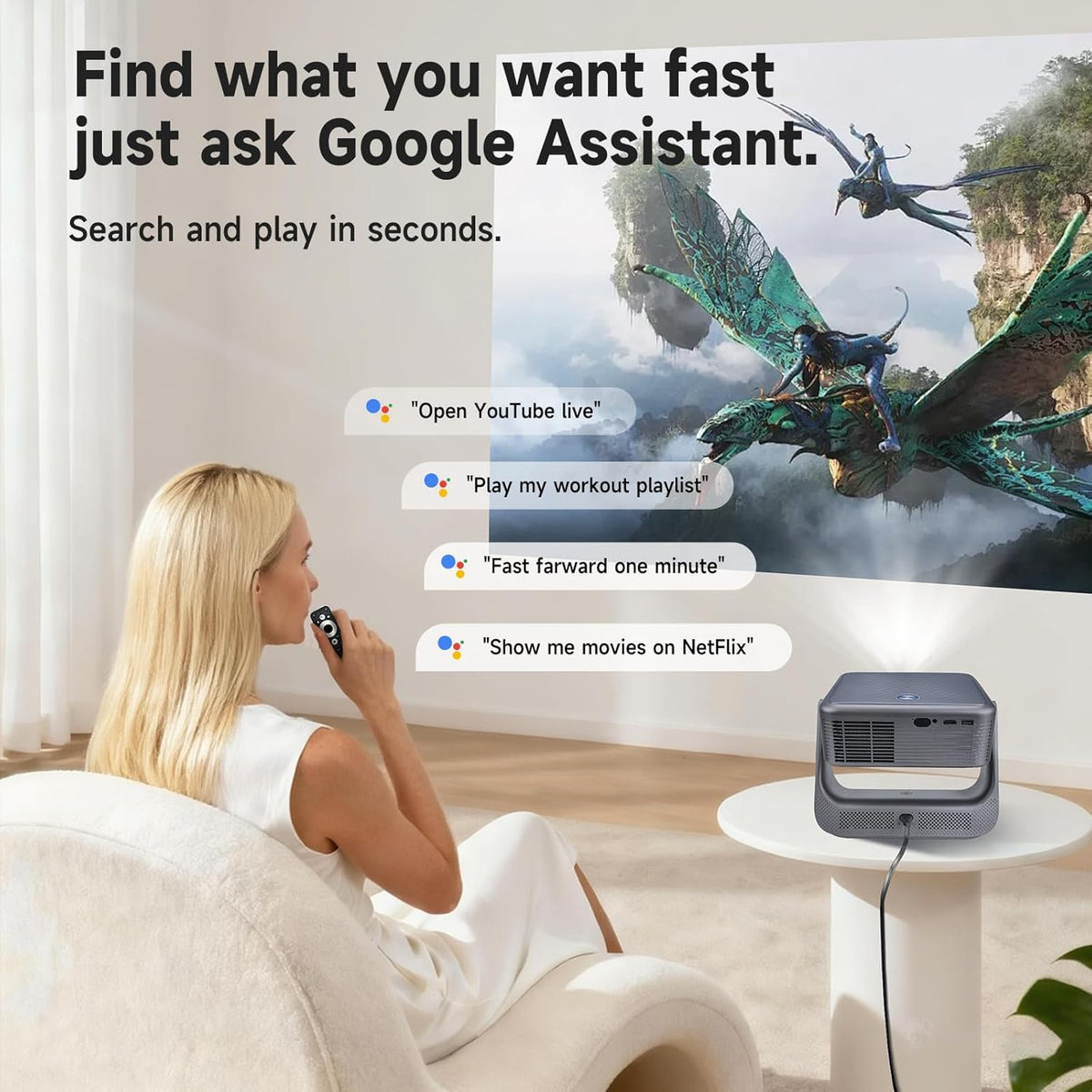 【Official Google TV/1500 ANSI/4K Supported】Smart TV Projector with WiFi and Bluetooth, Native 1080P Portable Projector, Auto Focus & Keystone, Voice Input, Mini Proyector for Home Cinema, iOS/Android