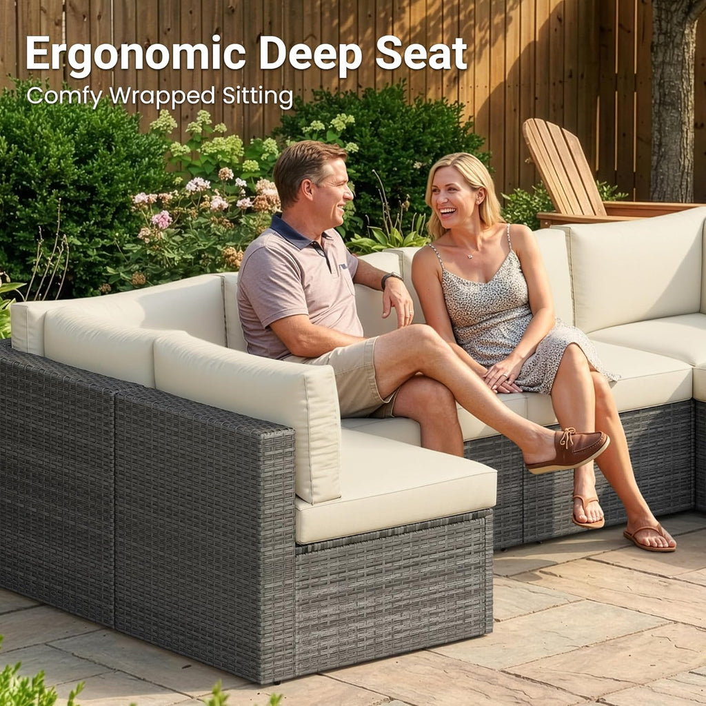 Wisteria Lane 7 Pieces Outdoor Patio Furniture Set, Wicker Outdoor Patio Sectional Sofas with Coffee Table, All-Weather Patio Conversation Set for Garden Backyard, Beige