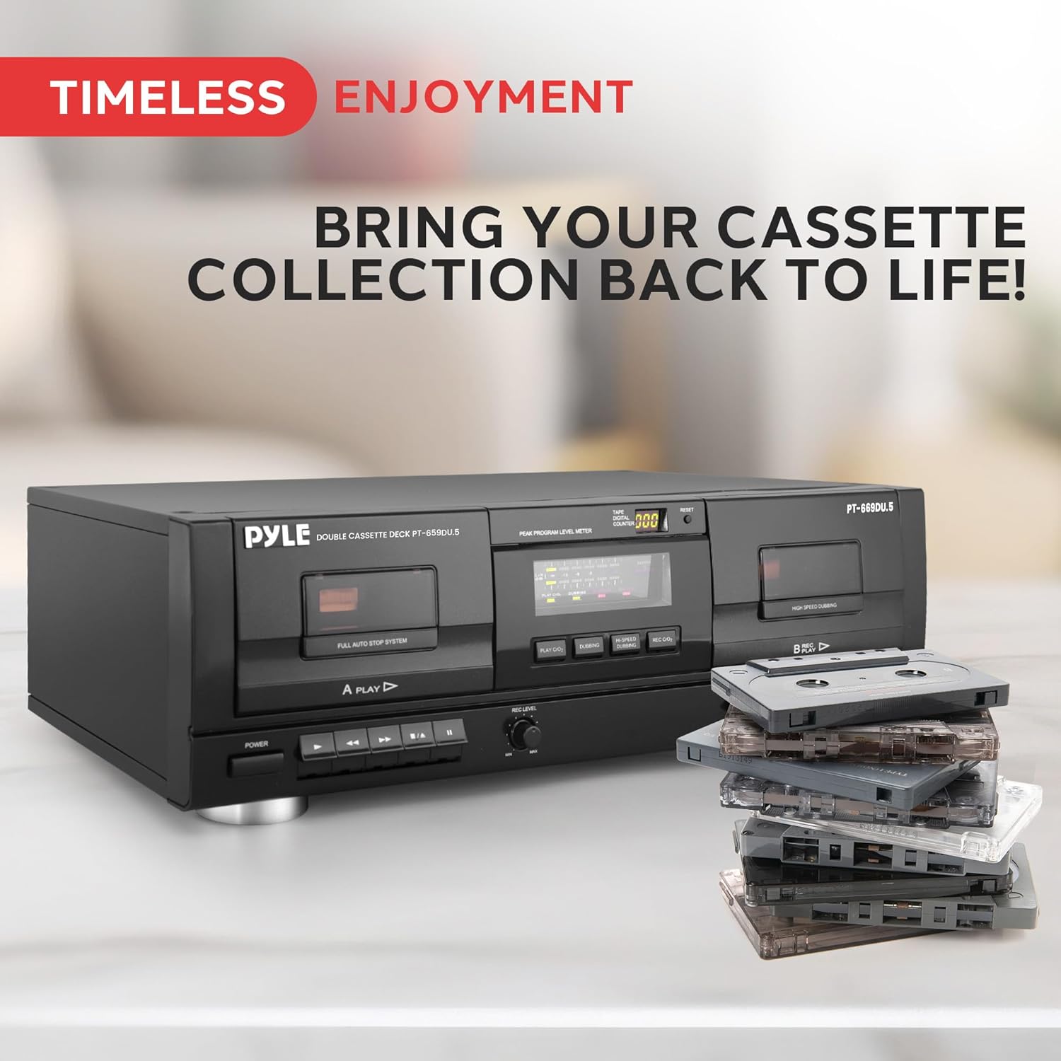 Pyle Dual Stereo Cassette Tape Deck - Clear Audio Double Player Recorder System w/ MP3 Music Converter, RCA for Recording, Dubbing, USB, Retro Design - For Standard / CrO2 Tapes, Home Use - PT659DU