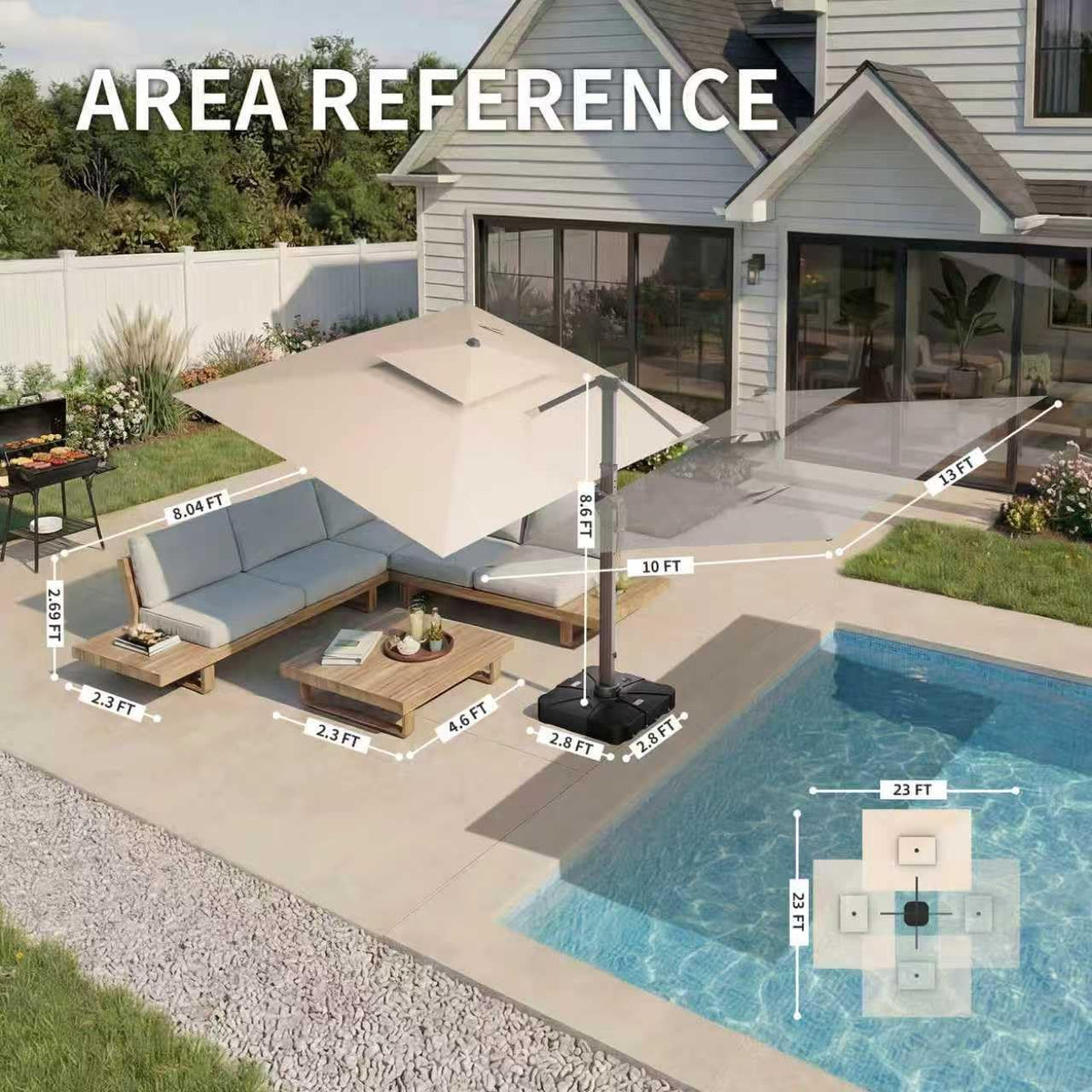 10 X 13 FT Cantilever Patio Umbrella with LED Lights Outdoor Heavy Duty Double Top Windproof Rectangle Offset Umbrellas with 360-degree Rotation for Pool Deck Backyard, Beige