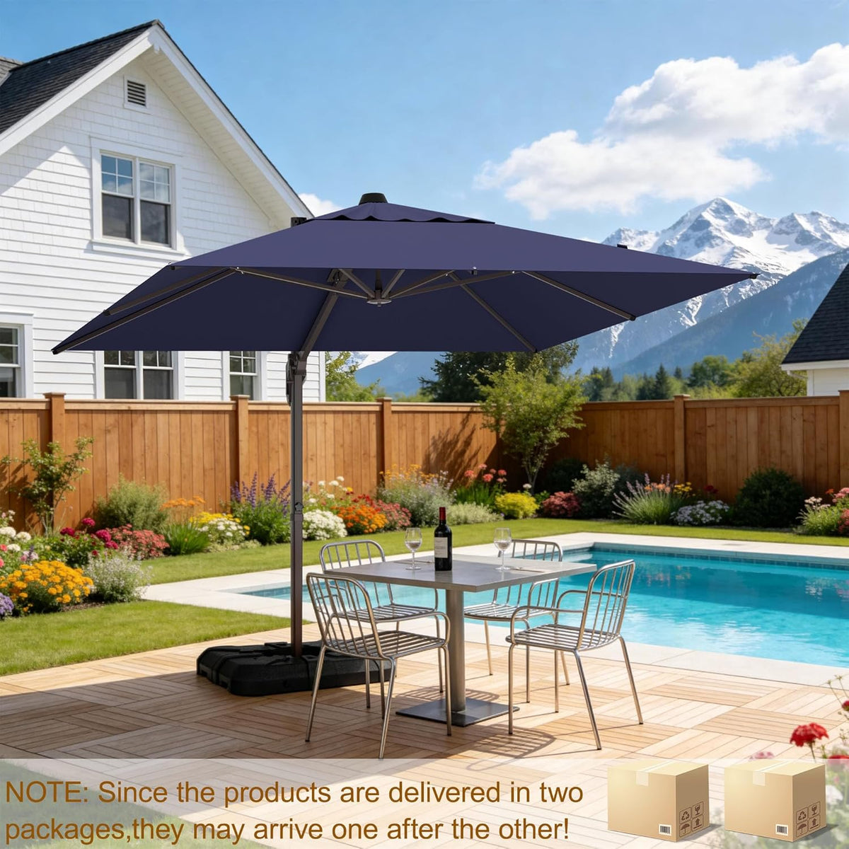10' X 10' Patio Umbrella Cantilever Outdoor Rectangle Umbrella with Base Included, Heavy Duty 360°Rotation Offset Umbrella for Garden Deck Pool Patio, Navy Blue