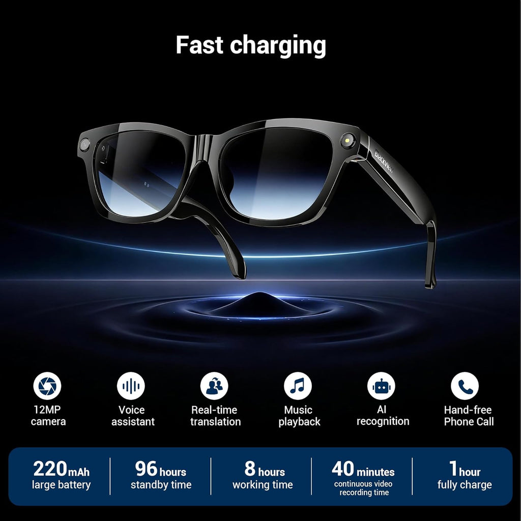 Blackview AI Smart Glasses with 12MP Camera, BT Call/Photo/4K HD Video Recording Glasses with Real-Time Translation, AI Voice Assistant, Object Recognition, Polarized Sunglasses Lenses