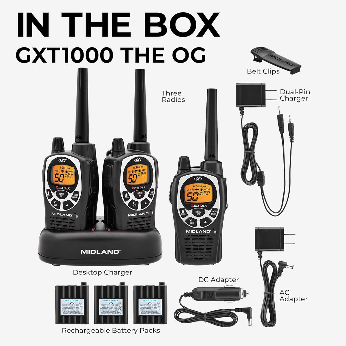 Midland GXT1000X3VP4 GMRS Two-Way Radio (50-Channel, Long Range, 142 Privacy Codes, SOS, NOAA, Rechargeable Nickle Battery, Black/Silver, 3-Pack)