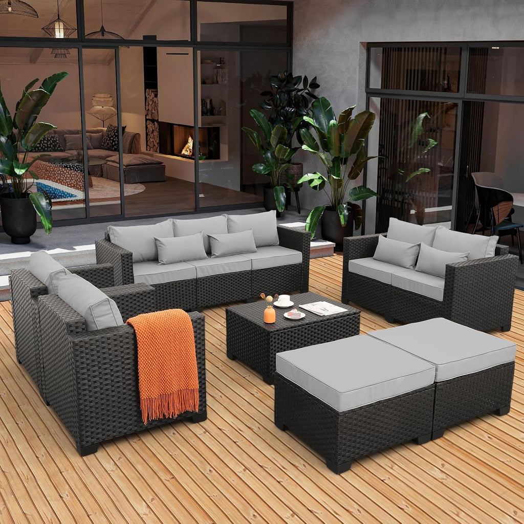 Rattaner Patio Furniture Sets 7 Pieces Outdoor Furniture Sectional Patio Couches Set with Storage Table Light Grey Cushions