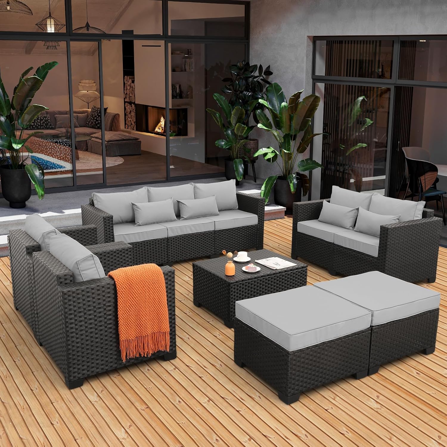 Rattaner Patio Furniture Sets 7 Pieces Outdoor Furniture Sectional Patio Couches Set with Storage Table Light Grey Cushions
