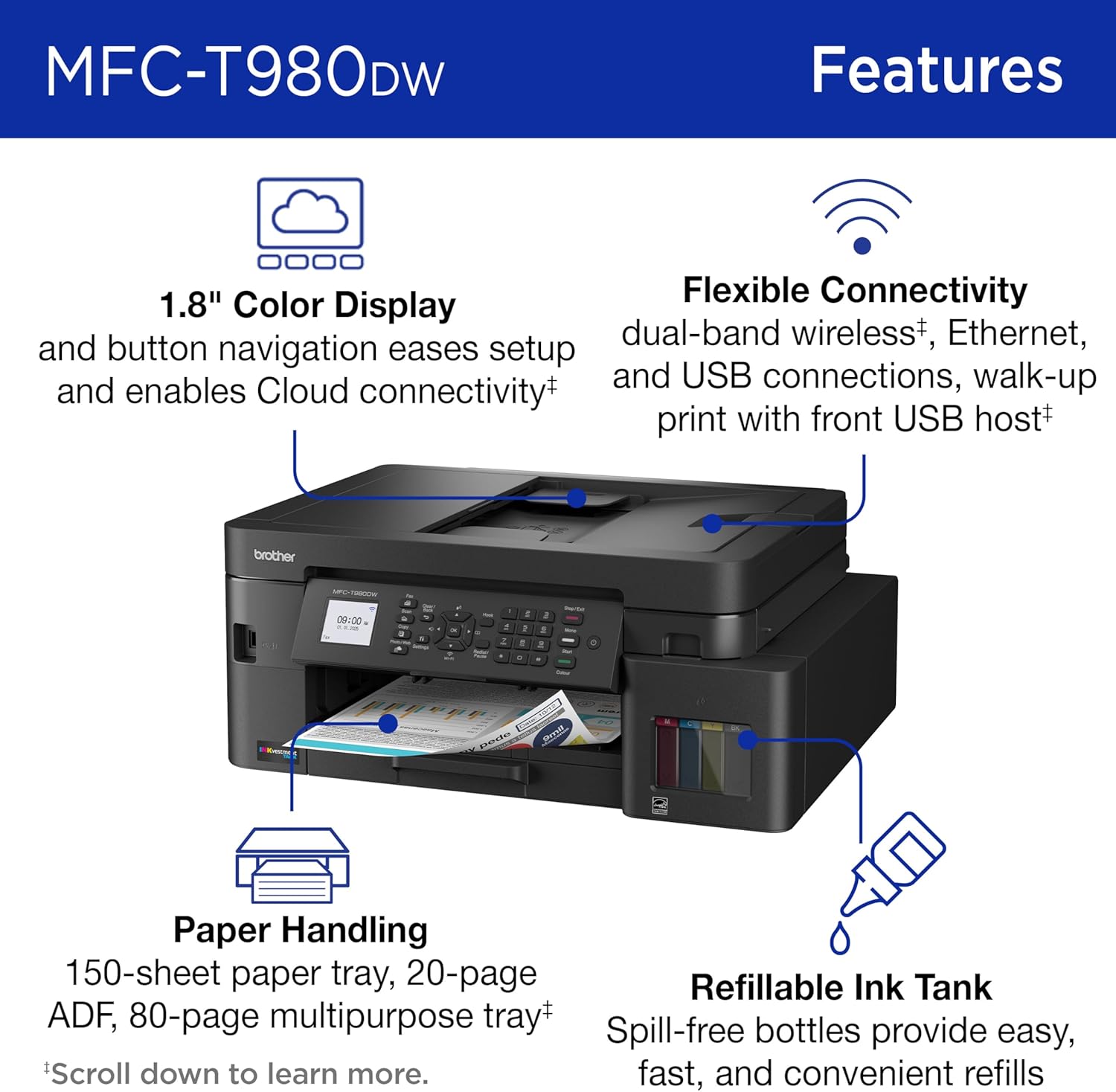 Brother INKvestment Tank 980 Wireless and Ethernet Color Inkjet All-in-One Printer with Multipurpose Tray | Includes up to 3 Years of Ink in-Box(1) and Limited Warranty(2) (MFC-T980DW)