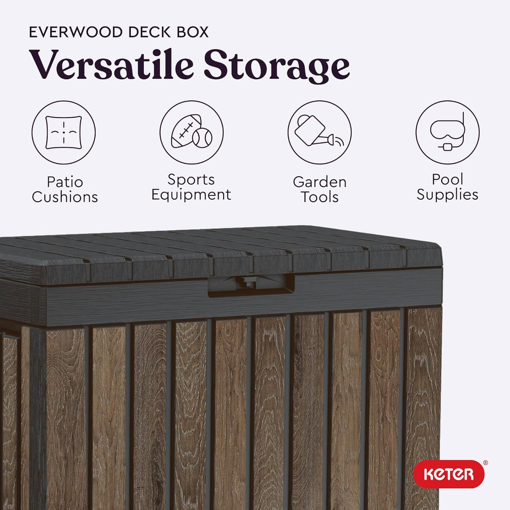 Keter Signature Everwood 50 Gallon Resin Deck Box-Organization and Storage for Patio Cushions, Throw Pillows and Garden Tools, Walnut
