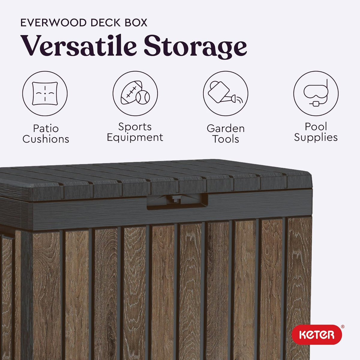 Keter Signature Everwood 50 Gallon Resin Deck Box-Organization and Storage for Patio Cushions, Throw Pillows and Garden Tools, Walnut