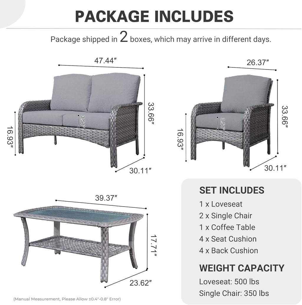 ovios 4-Piece Patio Furniture Set, Outdoor Wicker Sofa with Chairs Coffee Table, High Back Rattan Couch Loveseat with Comfy Cushions for Porch Yard Deck, Dark Grey