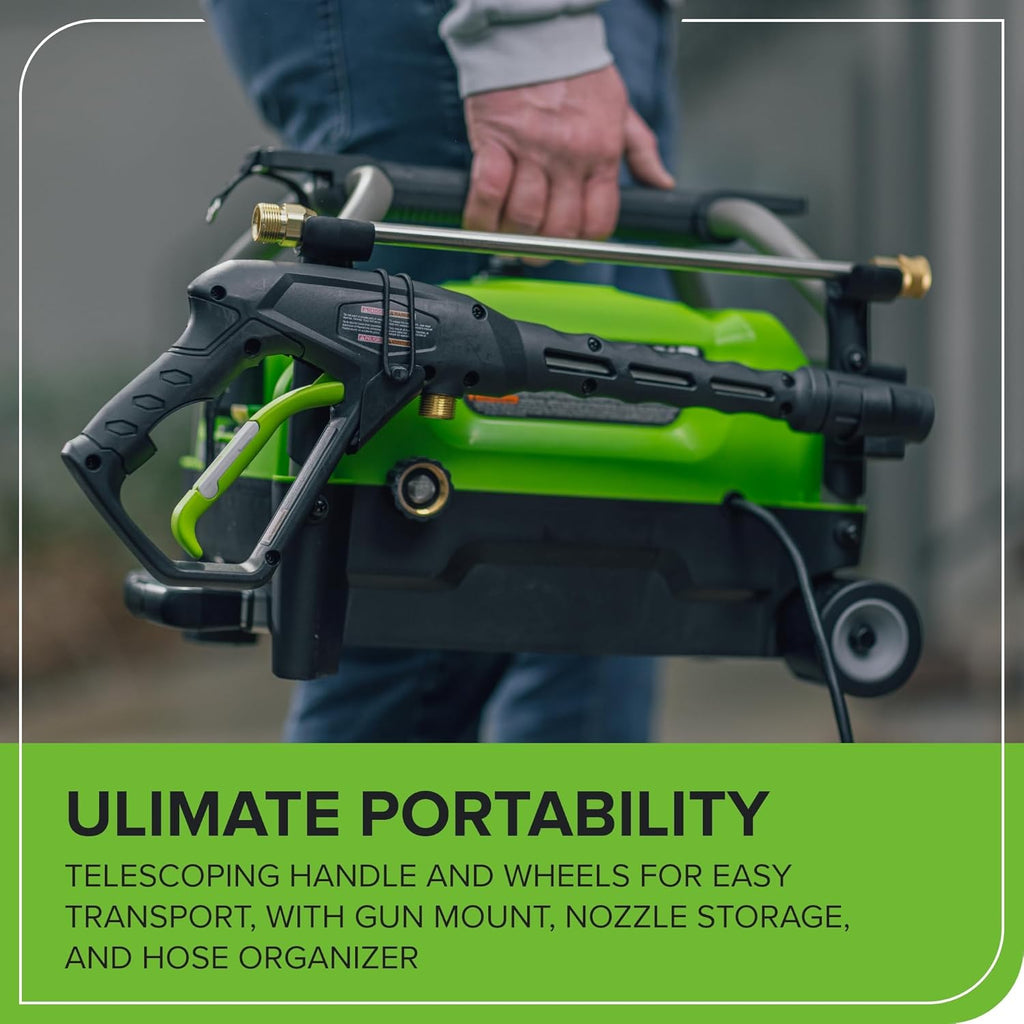Greenworks 2100 PSI (SGS Certified) 1.2 GPM 13Amp Compact Electric Pressure Washer Telescoping Handle Power Washer for Cars, Driveways, Patios, Patio Furniture & Around Pools