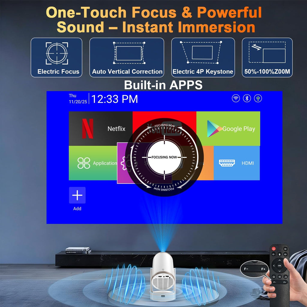 Built-in Apps 2-in-1 Portable Projector & LED Night Light, Smart Projector with WiFi and Bluetooth, Supports 4K/1080P, Electric Focus/Enhanced Speaker, Home Movie Projector for Bedroom