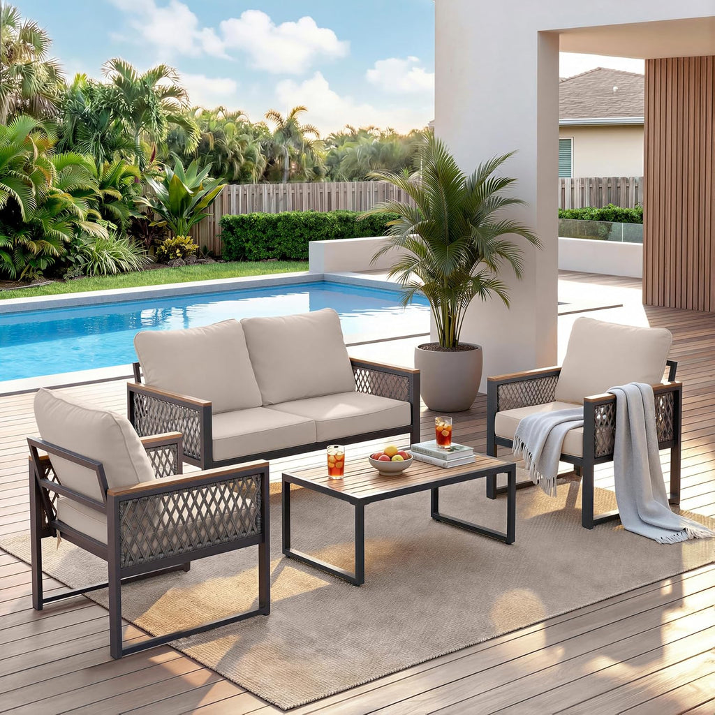 UPHA 4 Pieces Patio Furniture Set, Metal Outdoor Sectional Couch Set with Loveseat Sofa, 2 Chairs, Coffee Table, Modern Patio Conversation Set for Porch Balcony Deck, 4 Seats, Beige
