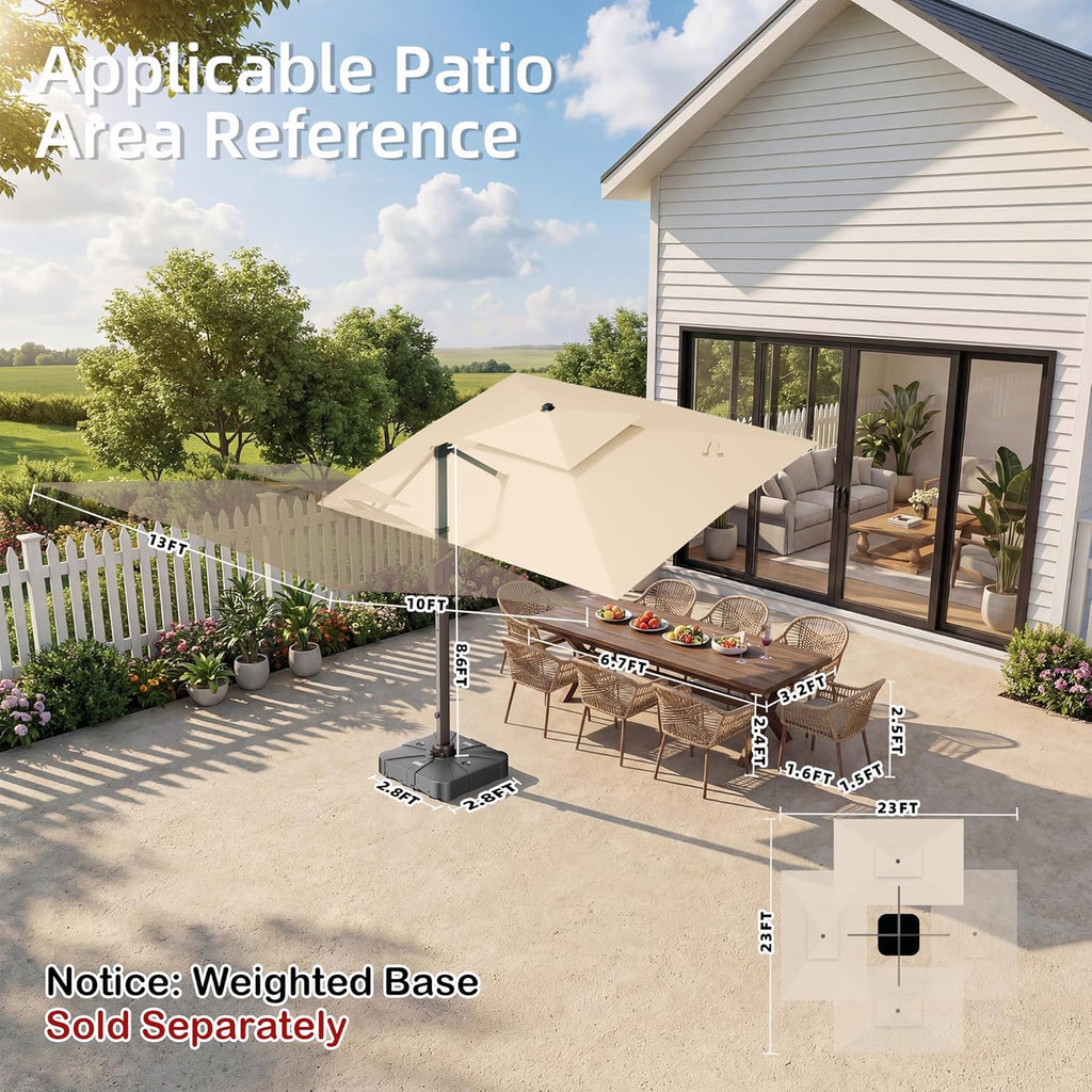 Deconk 10' X 13 'Patio Umbrella with LED Lights Outdoor Cantilever Large Rectangle Offset Umbrellas Heavy Duty Aluminum Double Top with 360-degree Rotation for Pool Garden Deck, Beige