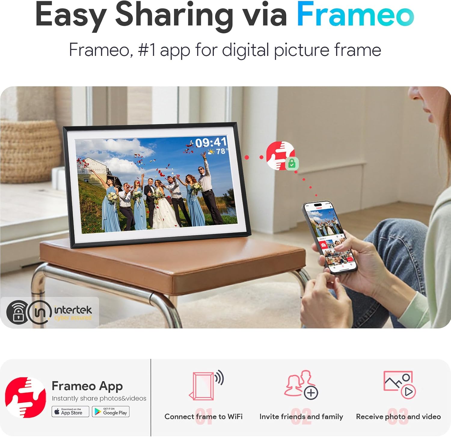 Skyrhyme 15.6'' Digital Picture Frame with 1920x1080 IPS Touch Screen, 32GB Frameo WiFi Digital Photo Frame, Share Photos/Videos and Send Best Wishes via Free App
