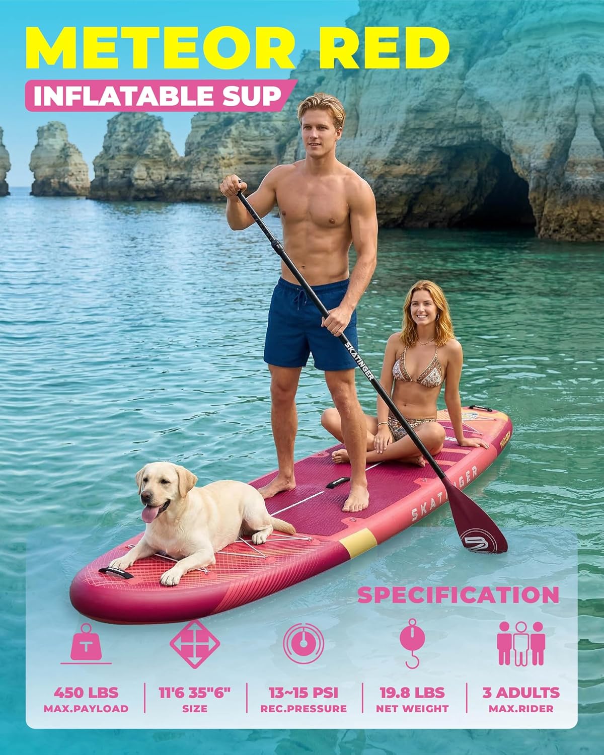 Skatinger 11'6×35" Super Wide Inflatable Paddle Board, Ultra Stable Stand Up Paddleboards for 450lb/3 People/Family/Big Size w/Shoulder Strap, 100L Backpack, Ultra-Light All-Round Sup Board