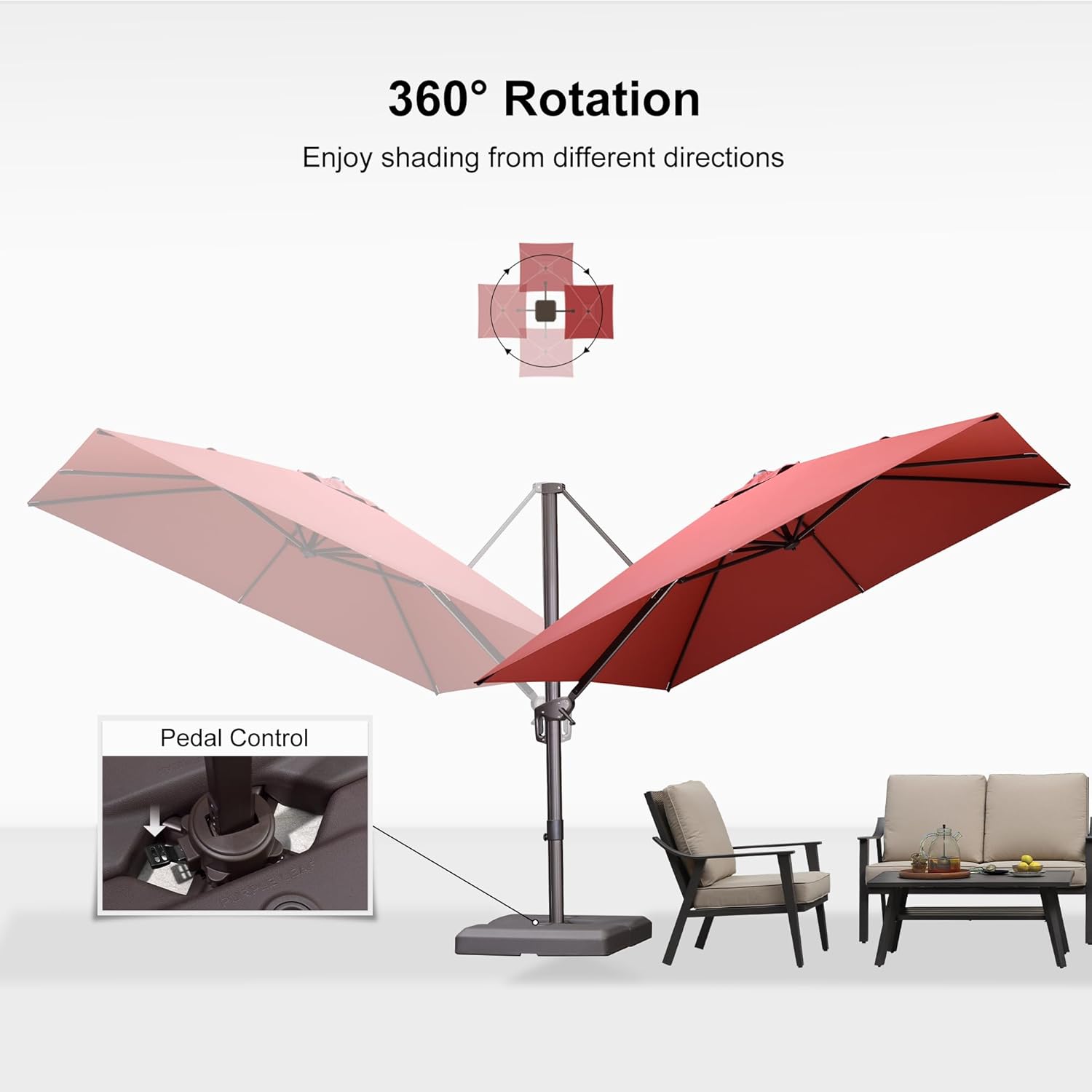 PURPLE LEAF 10' X 10' Patio Cantilever Umbrella with Base Included Antique Bronze Square Outdoor Umbrella with 360° Rotation and Aluminum Offset Hanging for Garden Backyard Pool, Brick Red
