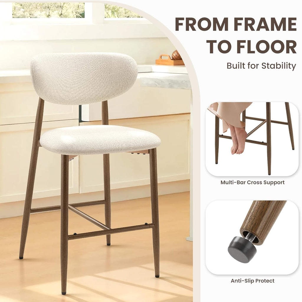 MALOL Bar Stools Set of 2, Counter Height bar stools, Kitchen Bar Stools with Backs, Modern Upholstered, Modern Bar Stools with Metal Legs for Kitchen Island, Counter, Beige
