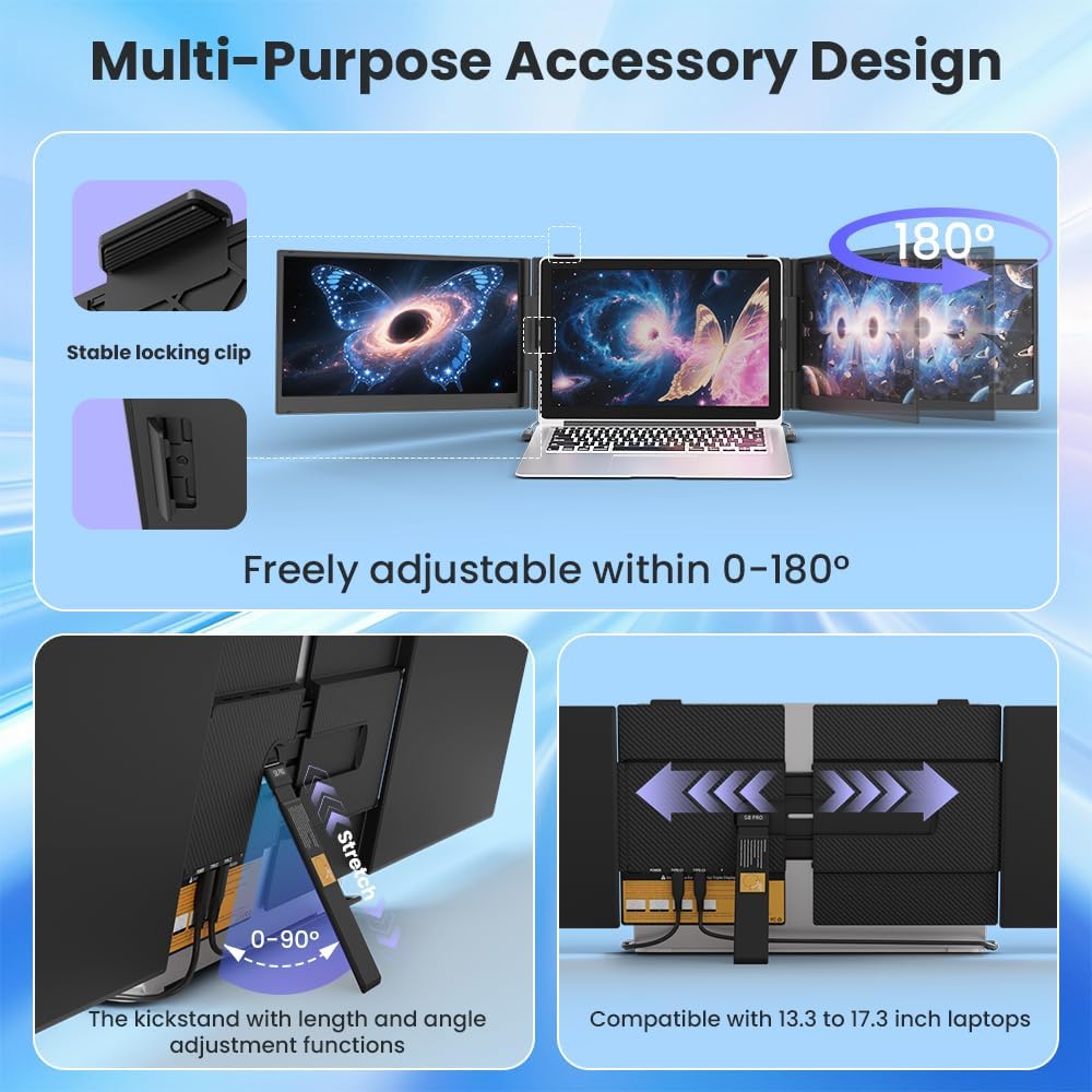 Hyangin Triple Laptop Screen Extender 14-inch, 2026 Upgraded Ultra-Slim 1080P FHD Displays for Laptop, Ultra-Light Triple Monitor for 13.3-17.3" Laptops, Compatible with Windows/Mac/Chrome OS/Phones