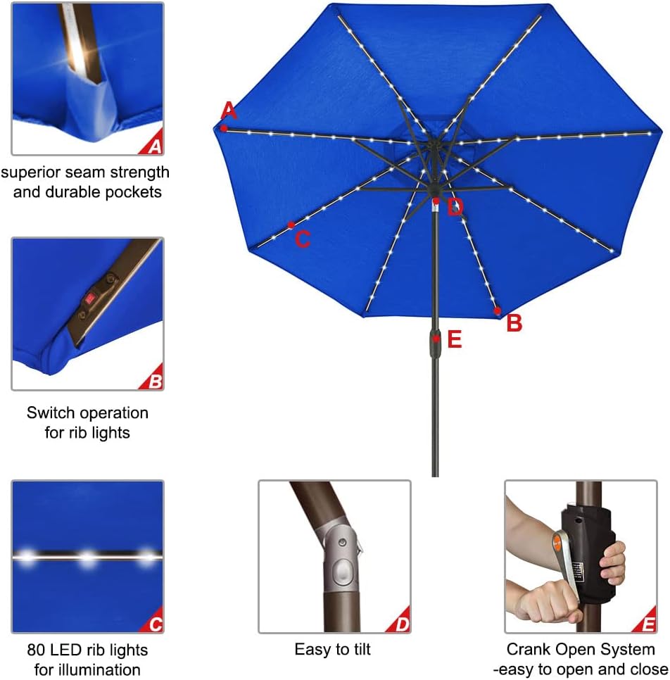 EliteShade USA 10-Year-Non-Fading 9ft Market Patio Umbrella, Commercial Grade Table Sun Umbrella with 80 Solar LED Lights, Crank Open, Windproof & UPF 50+ UV Protection for Garden, Deck, Pool, Backyard, Royal Blue