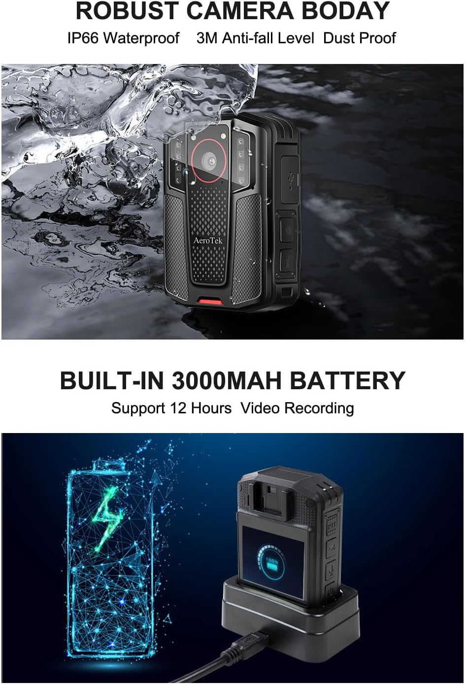 AeroTek Mini 4K Body Camera with Audio and Video Recording, GPS Bodycam with Ultra Infrared Night Vision and Fast Charging for Police, Law Enforcement and Delivery