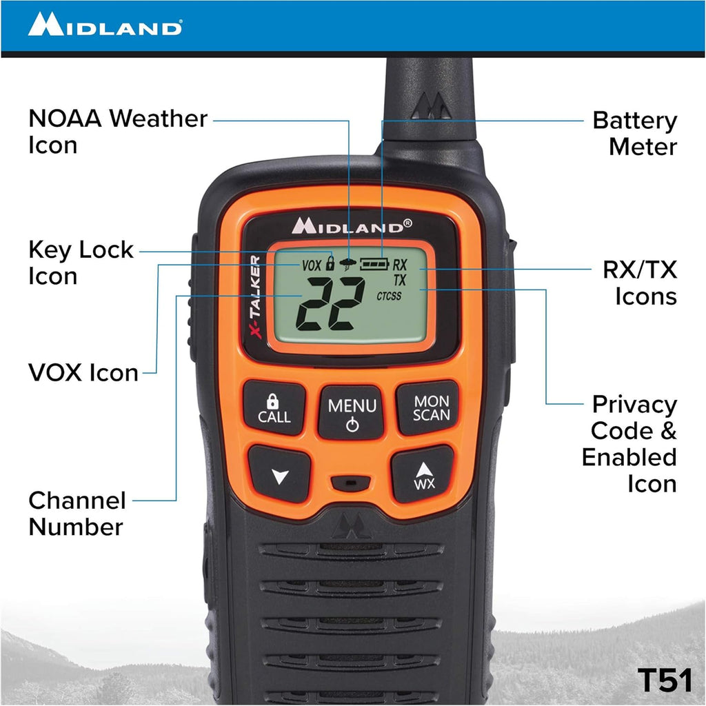 Midland T51VP3 22 Channel FRS Walkie Talkie - Up to 28 Mile Range Two-Way Radio - Orange/Black (Pack of 10)