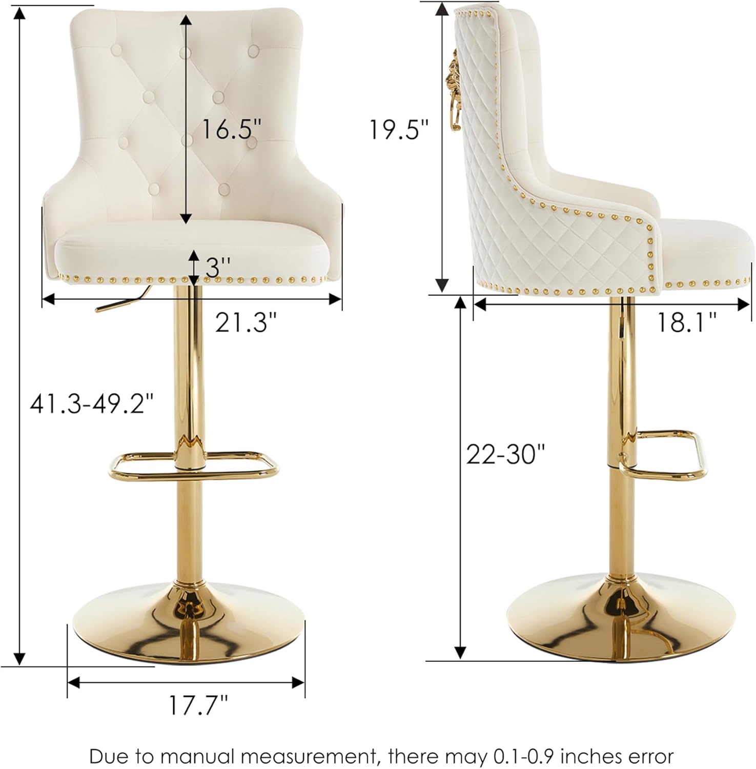 Gold Bar Stools Set of 4, Modern Swivel Barstools with Lion Pull Ring, Height Adjustable Velvet Island Chairs Upholstered Bar Height Chairs for Kitchen Counter, Dining Room, Cream