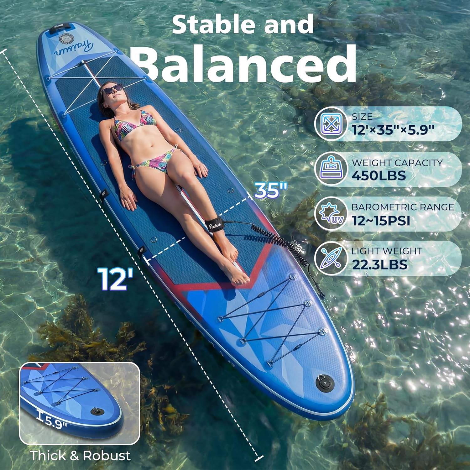 PRAISUN 12' x 35” Inflatable Paddle Board, 450lbs Extra Wide Stand Up Paddleboard for Youth/Adults of All Skill Levels, Stable SUP with Seat & Full Kit, for Fishing, Yoga, Lake & Ocean
