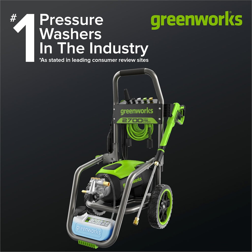 Greenworks Pro Brushless 2700 PSI (CSA Certified) 2.3 GPM Max / 1.2 GPM Electric Pressure Washer (Foldable Handles, Rugged Steel Frame, 25 FT Hose, 35 FT GFCI Power Cord)