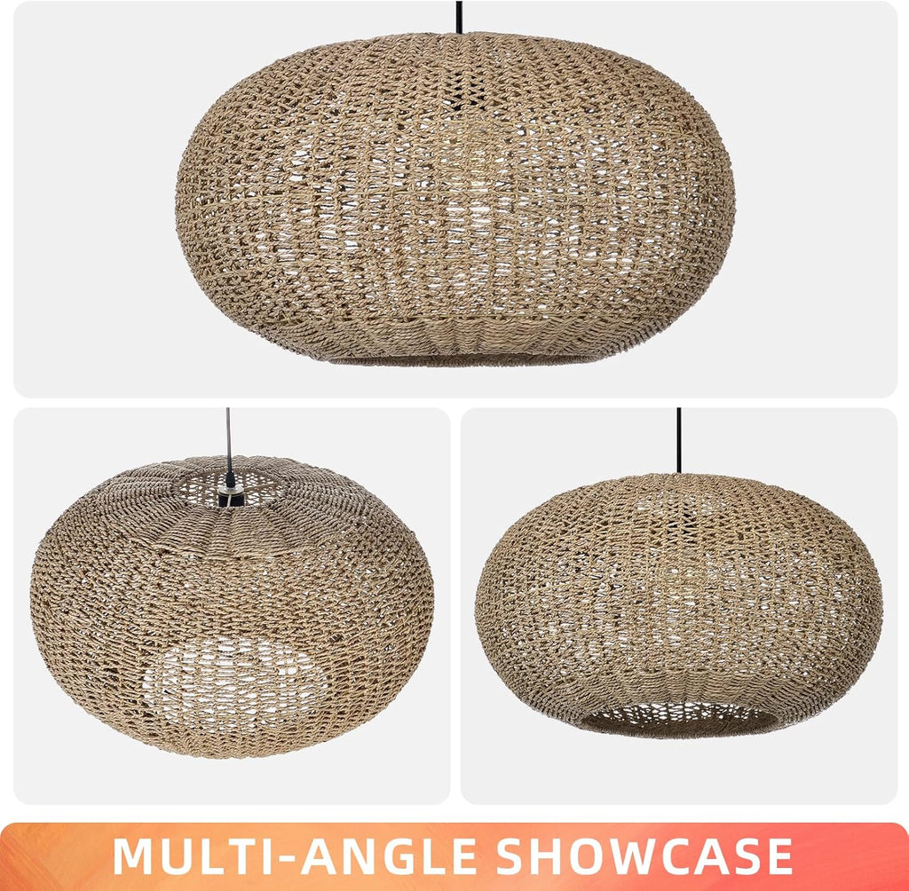 Arturesthome Large Natural Hand Weaved Rattan Pendant Lamp,Coastal Beach Boho Chandelier for Kitchen Hallway Bedroom Dinning Room Living Room Dia 23.6 in