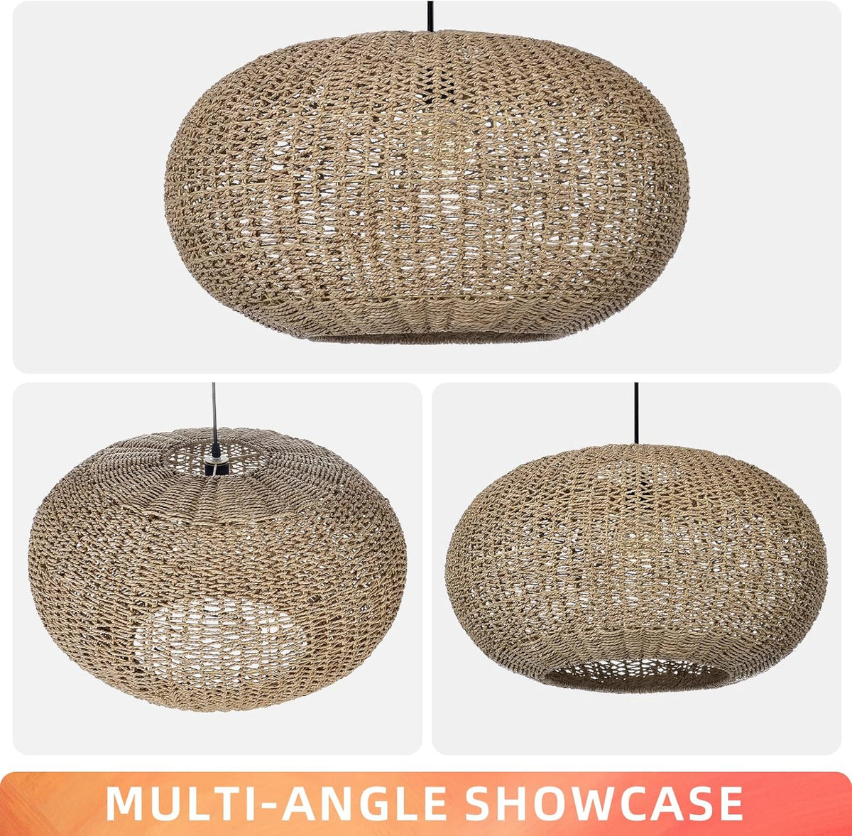 Arturesthome Large Natural Hand Weaved Rattan Pendant Lamp,Coastal Beach Boho Chandelier for Kitchen Hallway Bedroom Dinning Room Living Room Dia 23.6 in