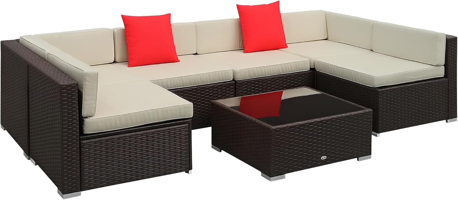 Outsunny 7 Piece Patio Furniture Set, Wicker Outdoor Sectional Sofa Set, All Weather PE Rattan Outdoor Furniture Conversation Sets with Cushions, Glass Top Coffee Table, Pillows, Cream White