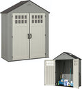 Suncast Everett 6x3 ft Vertical Storage Shed - Resin Outdoor Garden Shed with Floor, Windows, Skylight & Lockable Double Doors. Slim Yard Storage for Utility Tools & Backyard Equipment