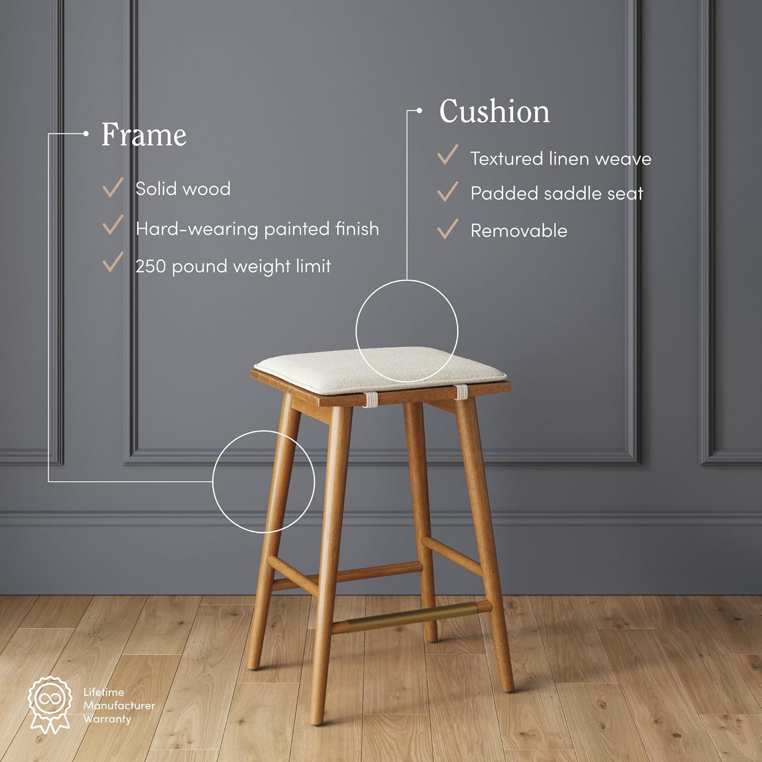 Nathan James Barker Counter Height Solid Wood Barstool with Upholstered Cushion, Backless Island Stool with Rubberwood Legs and Natural Textured Linen Upholstery for Kitchen, Brown/White, Set of 2
