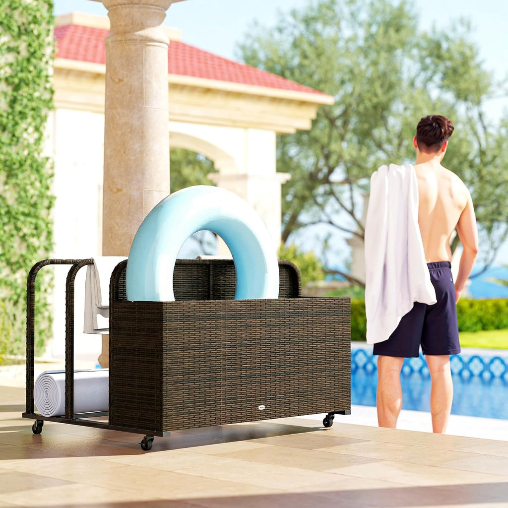 Outsunny Wicker Pool Float Storage Organizer, PE Rattan Outdoor Pool Float Holder with Rolling Wheels for Noodles, Life Vests, Beach Balls, Garden Furniture, Mixed Brown
