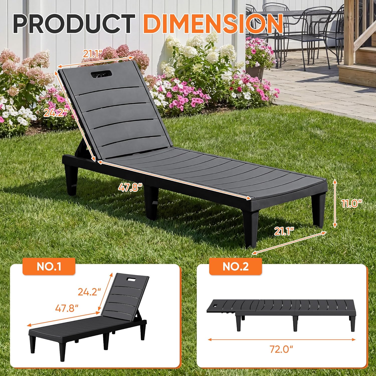 Homall Patio Chaise Lounge Chairs Set of 2, Outdoor Lightweight Lounge Chairs, 5 Position Adjustments Backrest for Outside Pool, Garden, Patio and Beach, Black