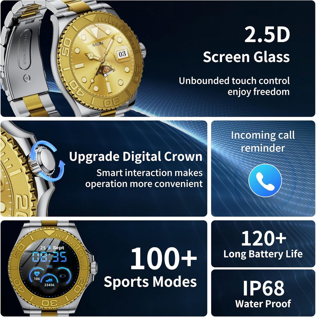 J-CD Smart Watch for Men, 1.32 inch HD Screen, Support Make&Receive Call/Sleep Tracker/Sports Mode, Fitness Tracker Watch, Stainless Steel Band, Waterproof (Gold)