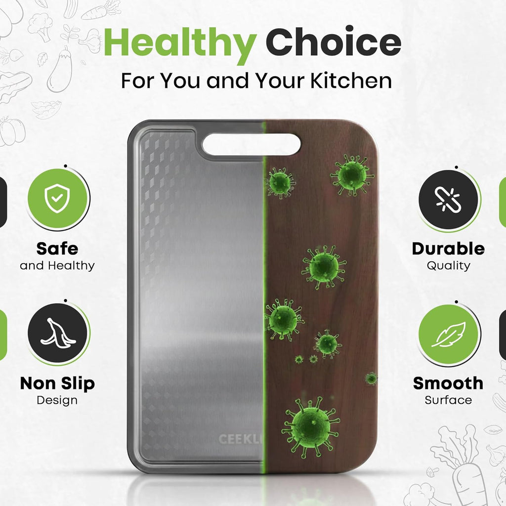 Double Sided Cutting Board – Stainless Steel & Wheat Fiber Reversible Chopping Board, Non-Porous Metal Side & Lightweight Prep Board for Meat, Vegetables & Daily Kitchen Use