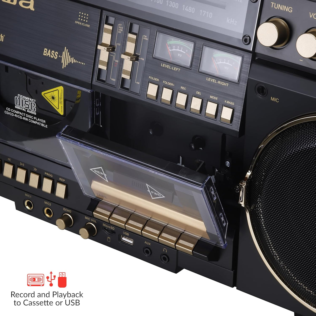 aiwa Retro Boombox BackTrack CD Player with Cassette Recording, Bluetooth 5.0, FM/AM Radio, USB/SD/AUX Inputs, VU Meters, LCD Display, Dual 40W Speakers (Black and Gold)