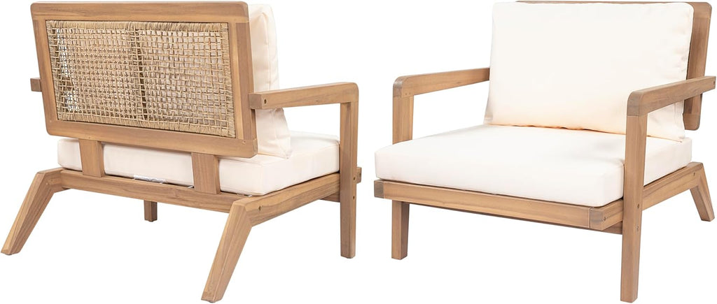 Christopher Knight Home Maeve Set of 2 Mid Century Modern Patio Furniture Acacia Wood Club Chairs, Outdoor Lounge Chairs, Relaxing Armchairs/Accent Chairs with Cushions for Patio, Light Teak+Beige