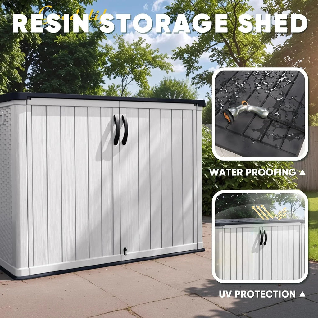 Devoko Outdoor Storage Cabinet 26 Cu Ft with Lockable Doors, Horizontal Storage Shed Waterproof Patio Tools Storage Box for Sofa Cushions, Gardening Tools and Accessories (White)