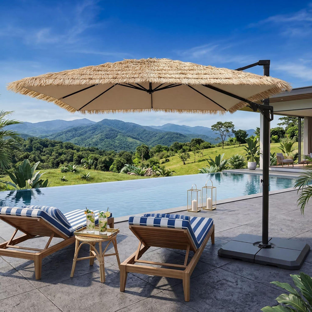 SUNBURY 10x10FT Cantilever Tiki Umbrella,Extra Wide Hawaiian Patio Shade with UPF50+,Perfect for Tiki Bar,Patio Garden Beach Pool Backyard