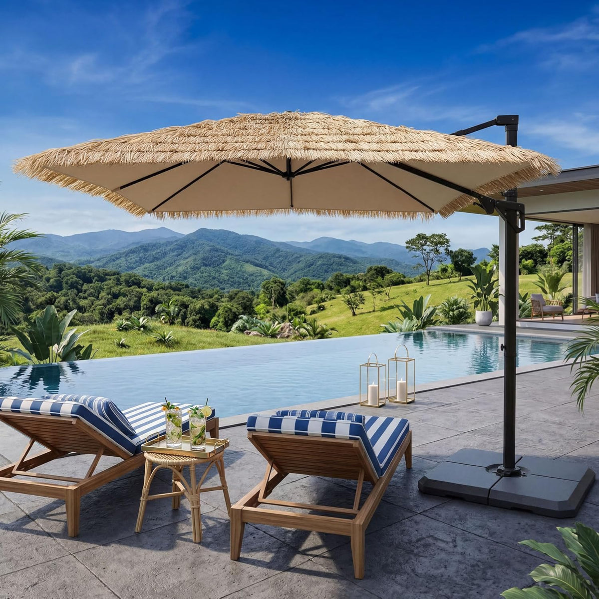 SUNBURY 10x10FT Cantilever Tiki Umbrella,Extra Wide Hawaiian Patio Shade with UPF50+,Perfect for Tiki Bar,Patio Garden Beach Pool Backyard