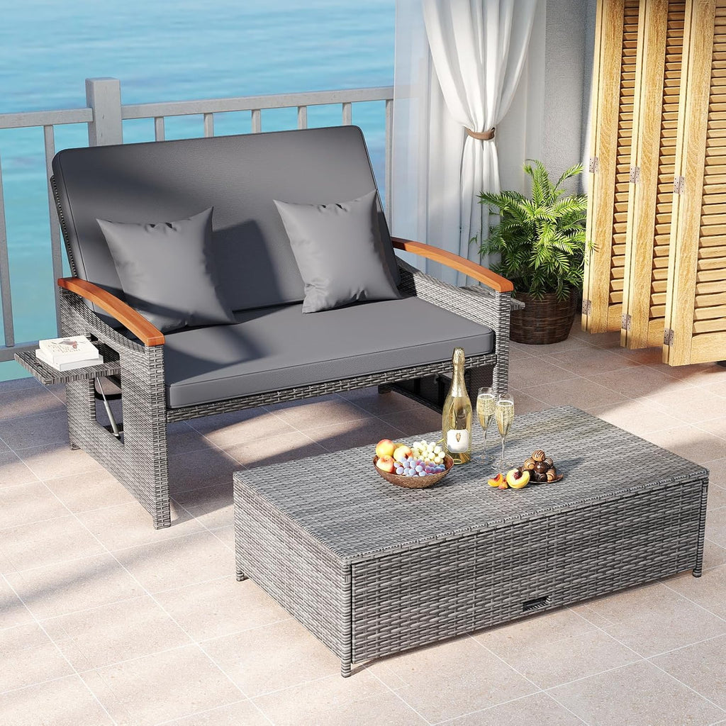 COSTWAY Patio Rattan Daybed, Outdoor Loveseat Sofa with Storage Ottoman, 4-Level Adjustable Backrest & Acacia Wood Armrest, Outdoor Wicker Daybed with Side Panels for Yard, Deck, Poolside (Mix-Grey)