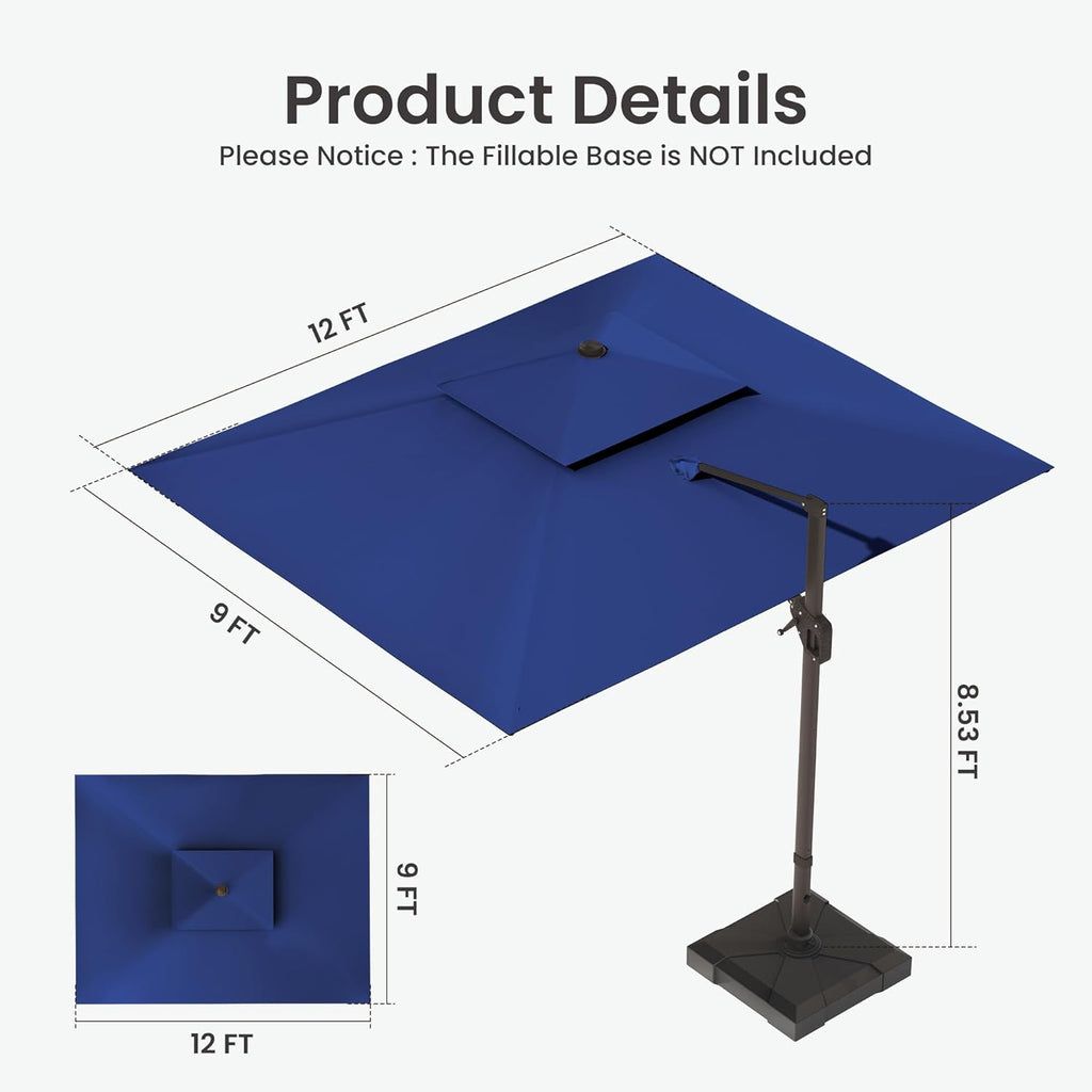 9x12 FT Cantilever Patio Umbrella with Led Lights Double Top Outdoor Rectangular Large Heavy Duty Aluminum Offset Umbrellas with 7 Level Tilt 360-degree Rotation for Pool Garden Deck, Navy