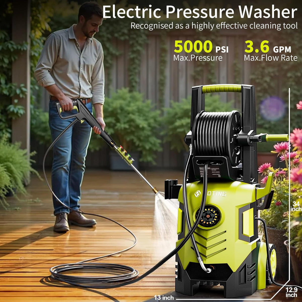 2026Upgraded Pressure Washer 5000PSI with Adj-8-Level Touch Screen, 34" Tall Power Washer, 4 Quick Connect Nozzles, Inlet Hose&Filter&500mlFoam Cannon for Cars/Fences/Driveways/Home Cleaning, Yellow