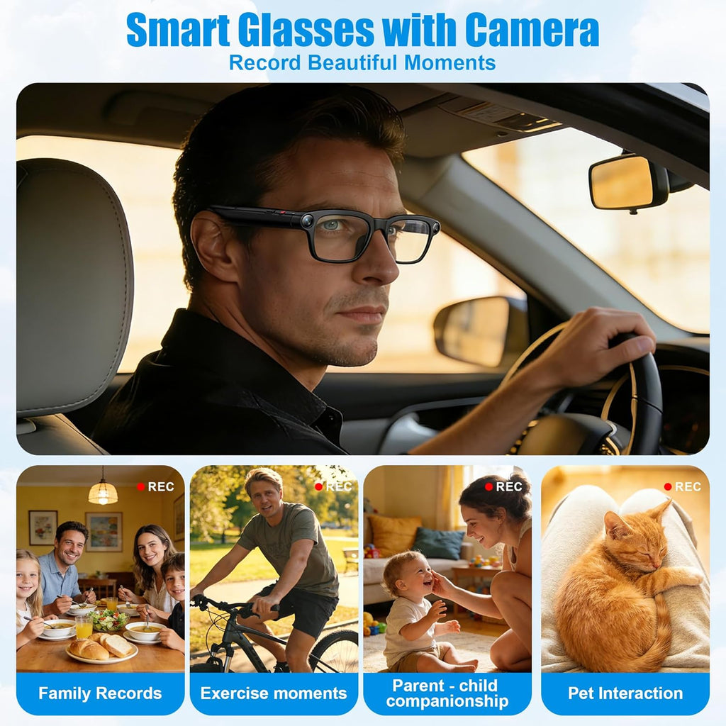 AI Smart Glasses with Camera, 8MP HD Camera Glasses for Women Men, Video Recording Sunglasses with Voice Assistant, Open-Ear Audio, Real-Time Translation for Life &Work Vlog, Black(3 Lenses)